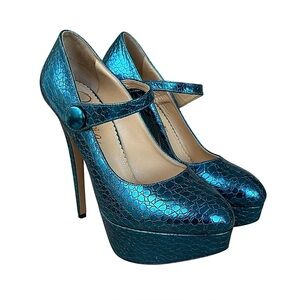 CHARLOTTE OLYMPIA Teal Embossed Leather Platform Mary Jane Heels